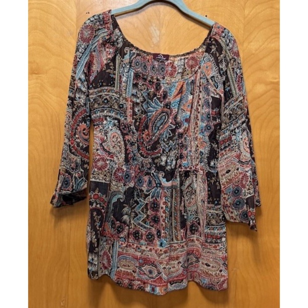 Jordache Womens Semi Sheer Flare Sleeves Hippie Boho Metallic Floral Baby Doll M